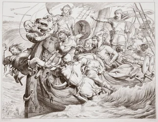 Come Hereward fa approdare la sua nave sulla costa delle Fiandre, illustrazione da Hereward the Great di Charles Kingsley, pub. 1870, inciso da C.G. Lewis